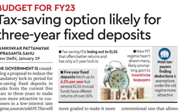 BUDGET 2022 – Tax-saving option likely for three-year fixed deposits