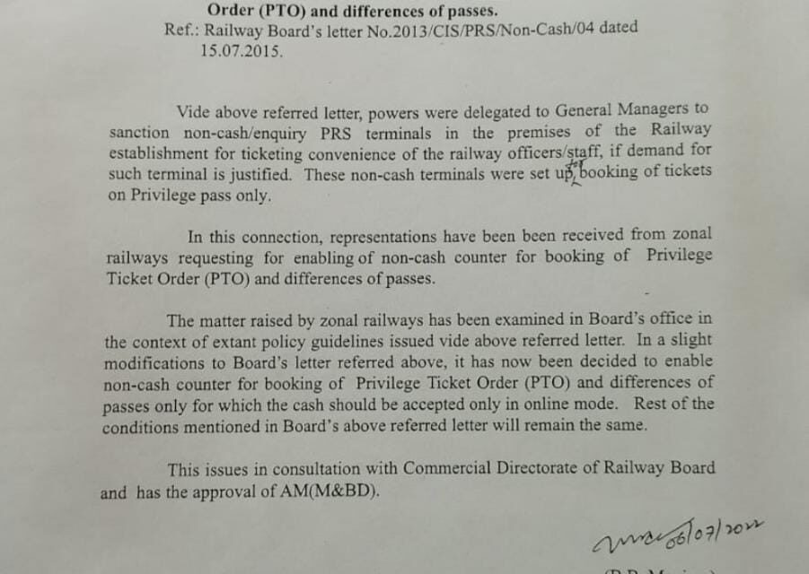 Enabling of non-cash counter for booking of Privilege Ticket Order (PTO) and differences of passes