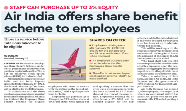 AIR INDIA TO GIVE RS. 98 CRORE WORTH SHARES TO ITS EMPLOYEES, CHECK ELIGIBILITY HERE
