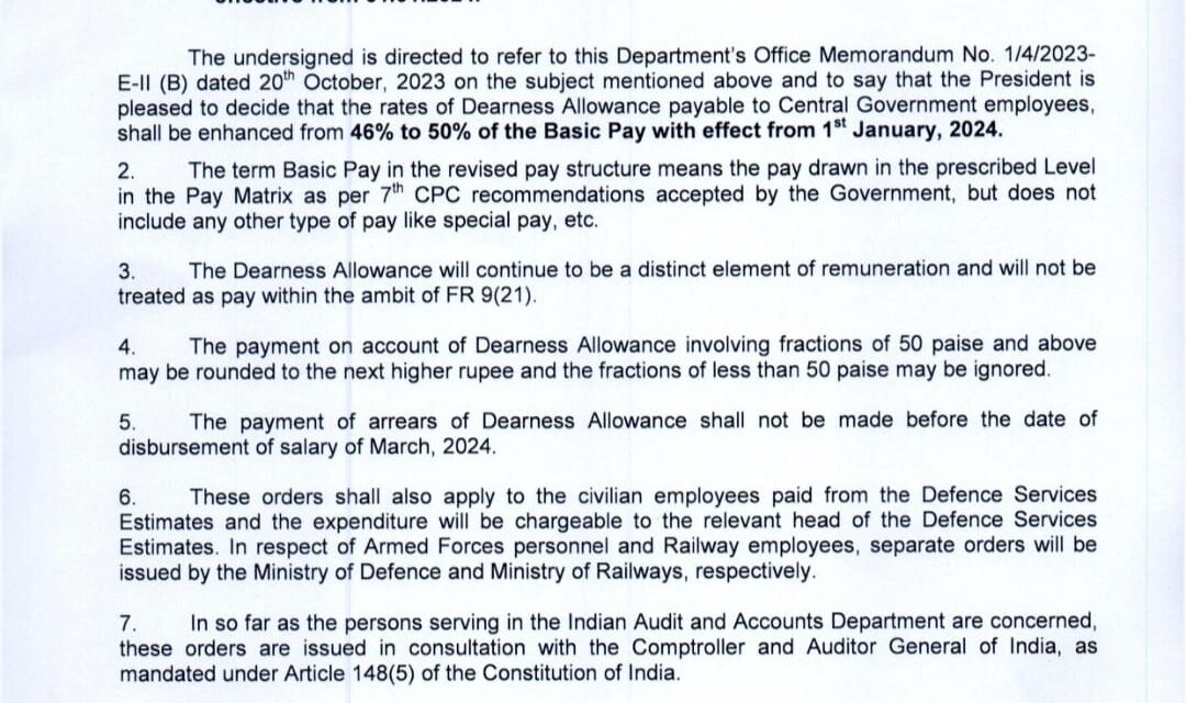 Revision of rates of Dearness Allowance to Central Government employees effective from 01 .01 .2024