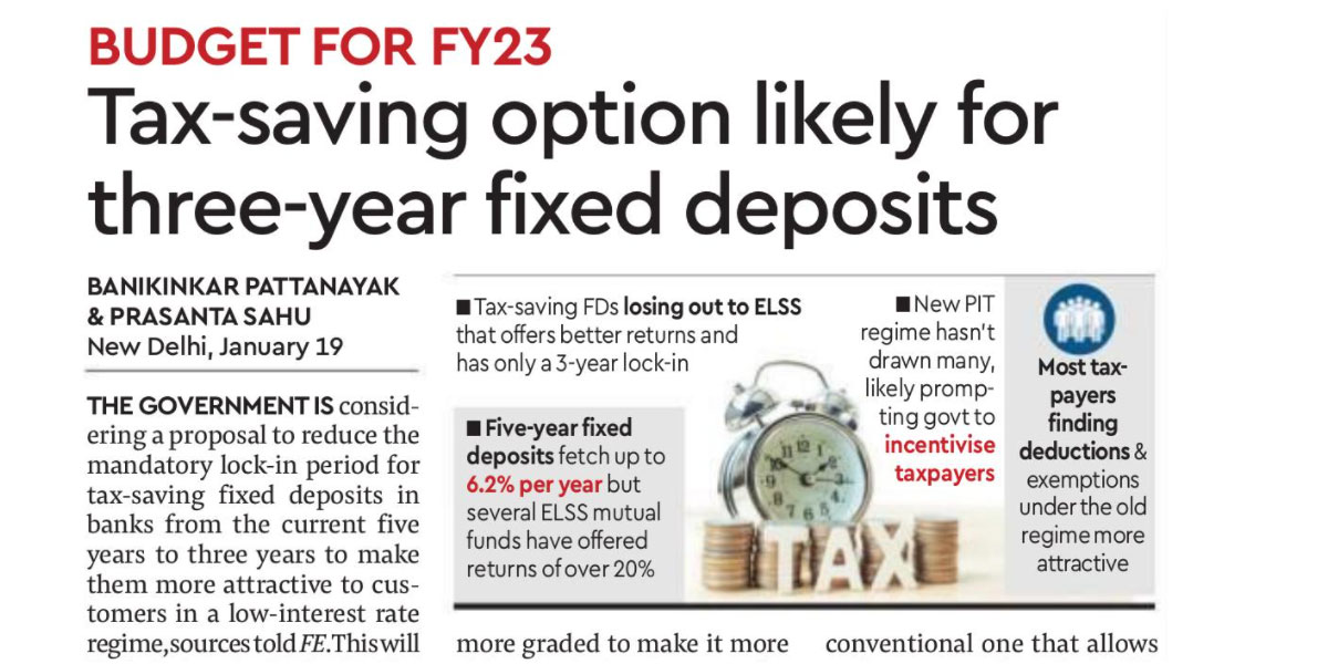 BUDGET 2022 – Tax-saving option likely for three-year fixed deposits