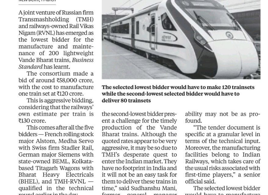 Russia’s TMH-RVNL JV emerges lowest bidder for 200 Vande Bharat trains
